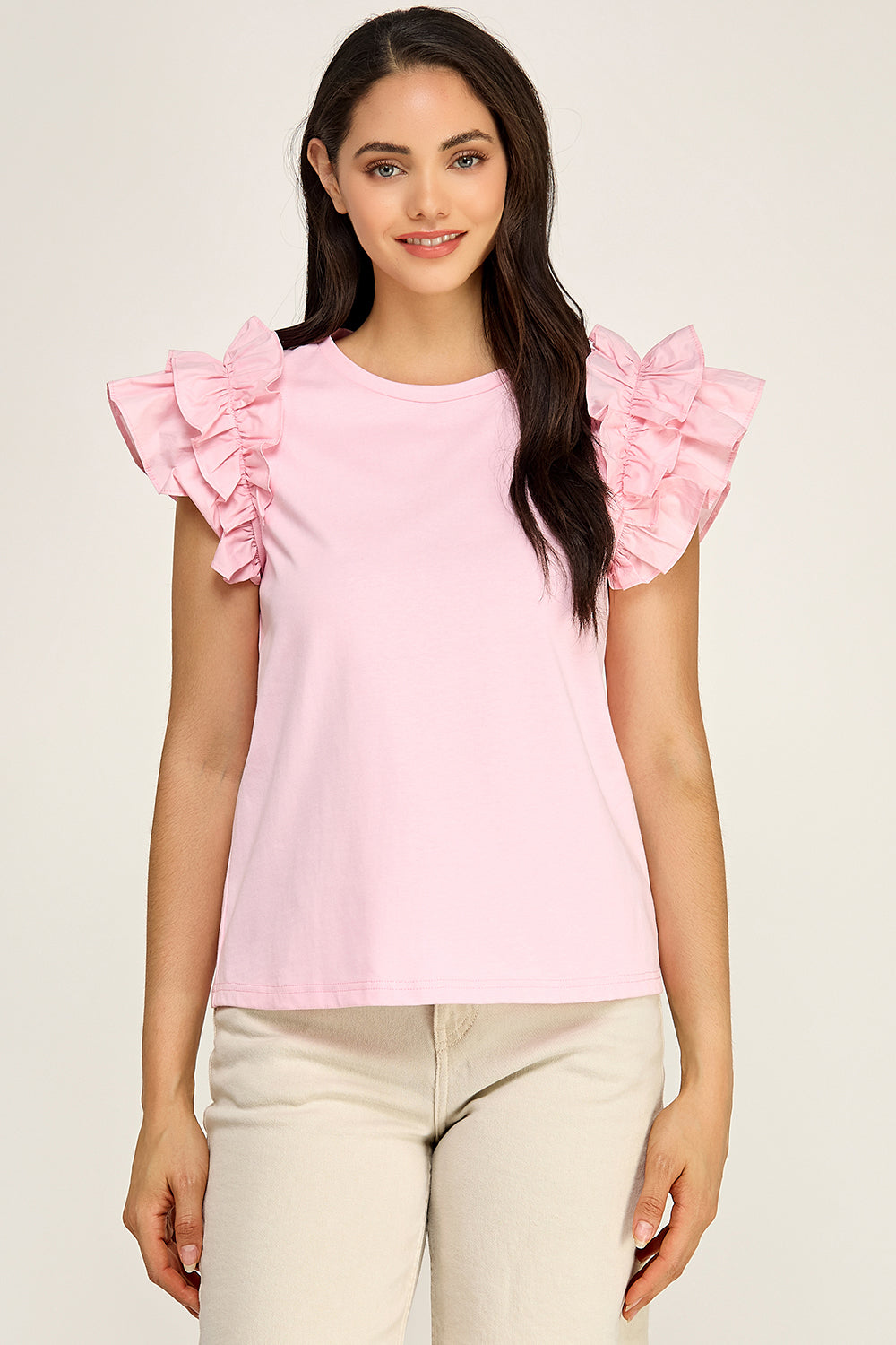 Ruffle Sleeve Cotton Knit Top | Round Neck Relaxed Boutique