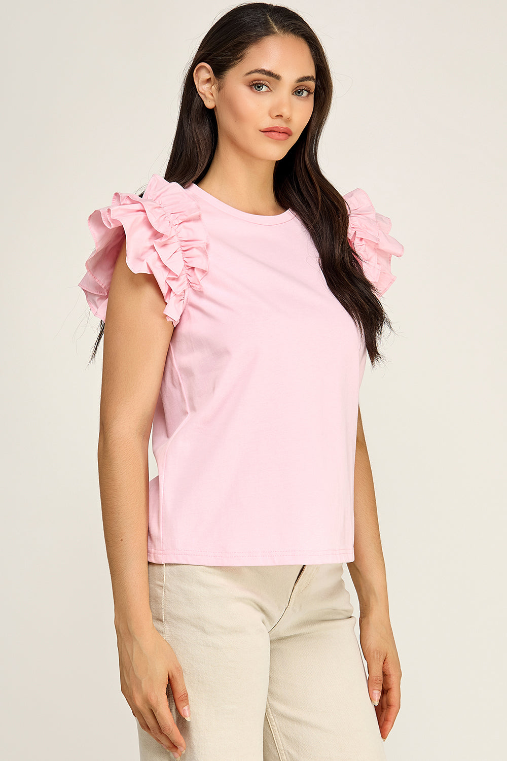 Ruffle Sleeve Cotton Top | Pleated Flutter Sleeve Round Neck