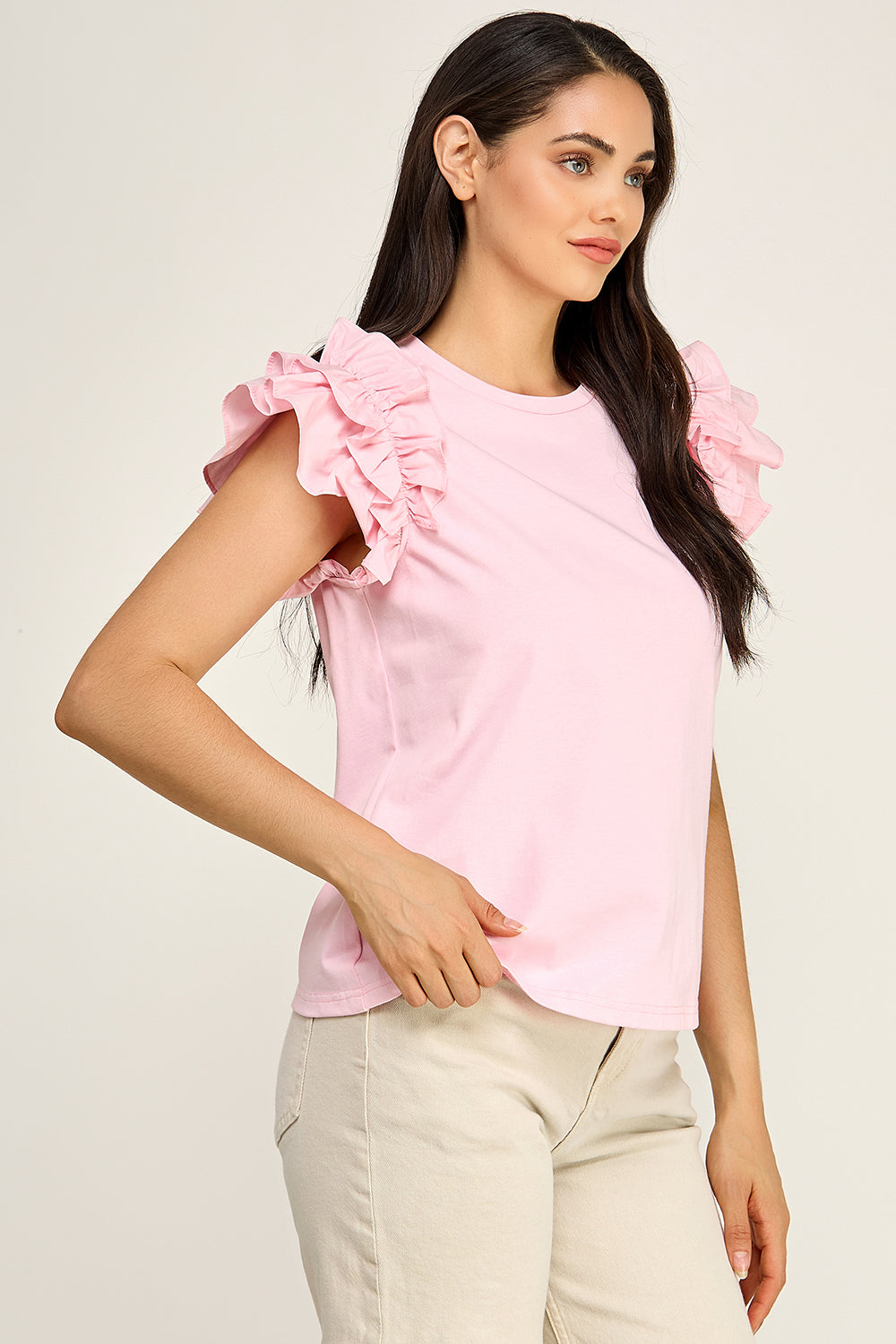 Ruffle Sleeve Cotton Top | Pleated Flutter Sleeve Round Neck