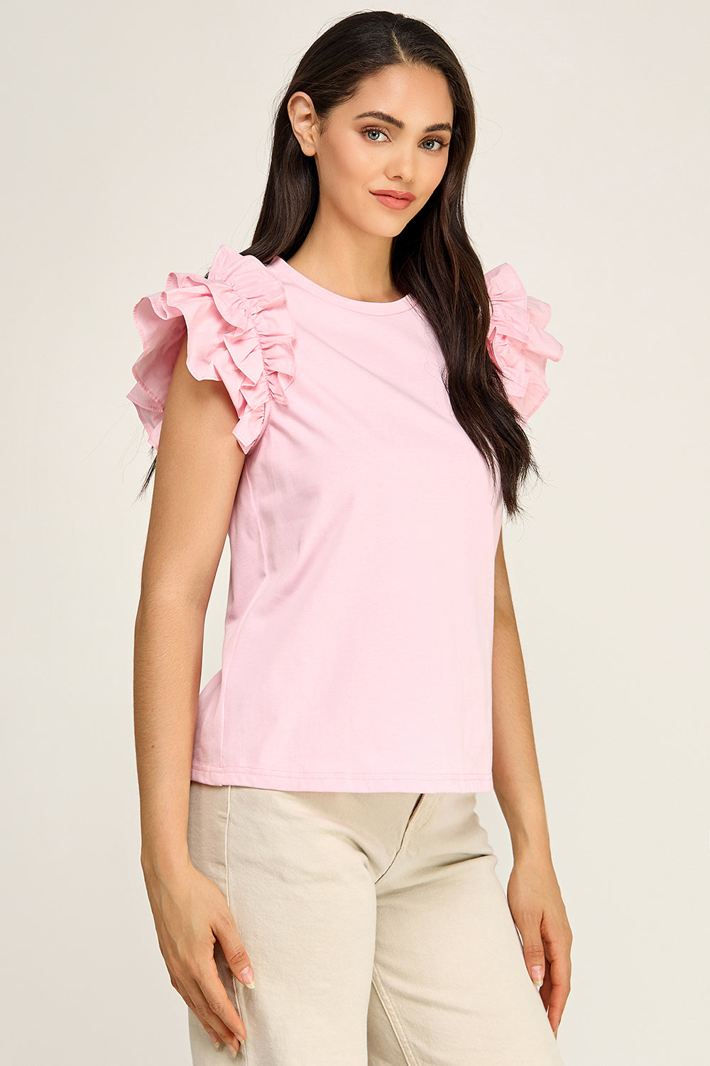 Ruffle Sleeve Cotton Top | Pleated Flutter Sleeve Round Neck