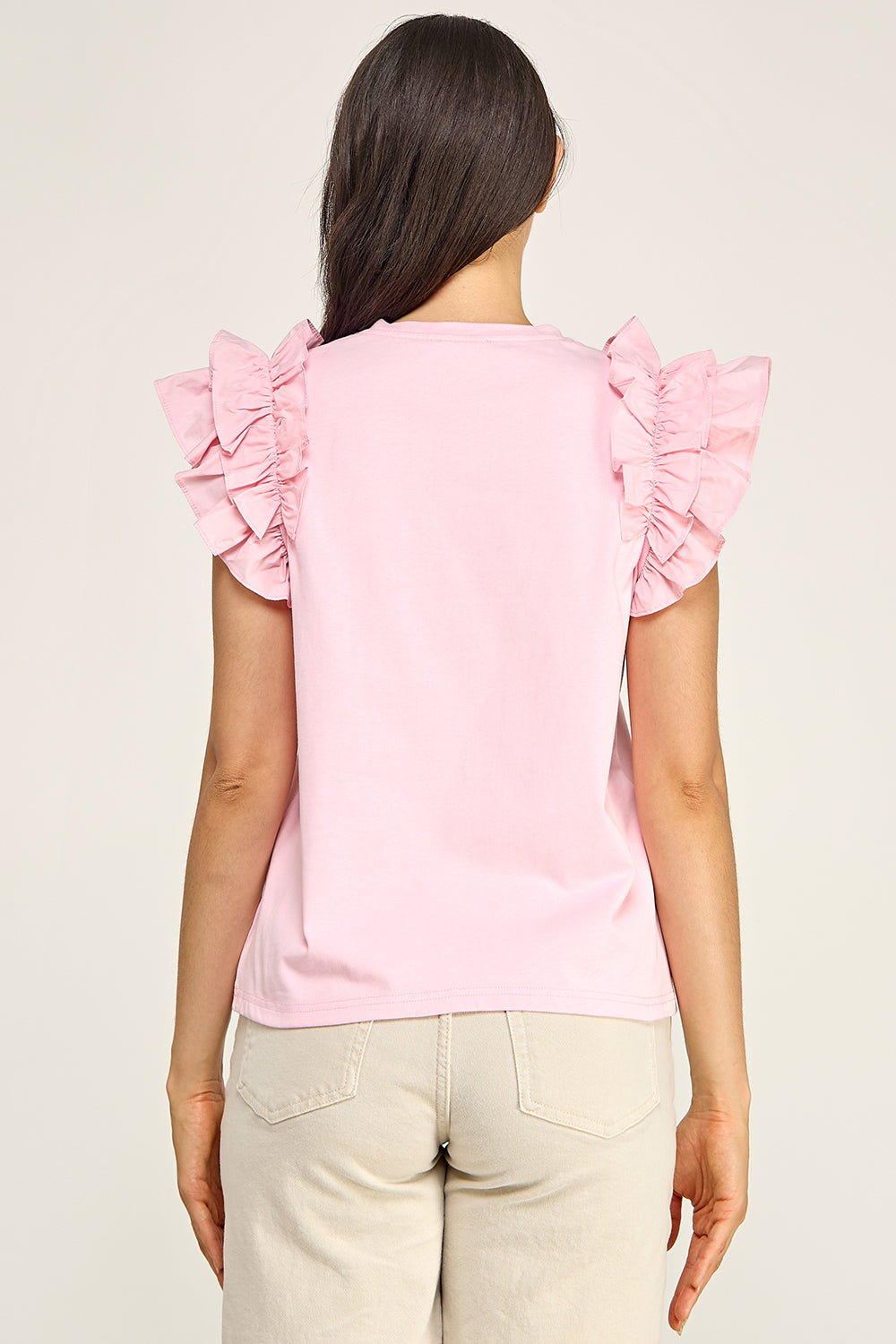 Ruffle Sleeve Cotton Top | Pleated Flutter Sleeve Round Neck