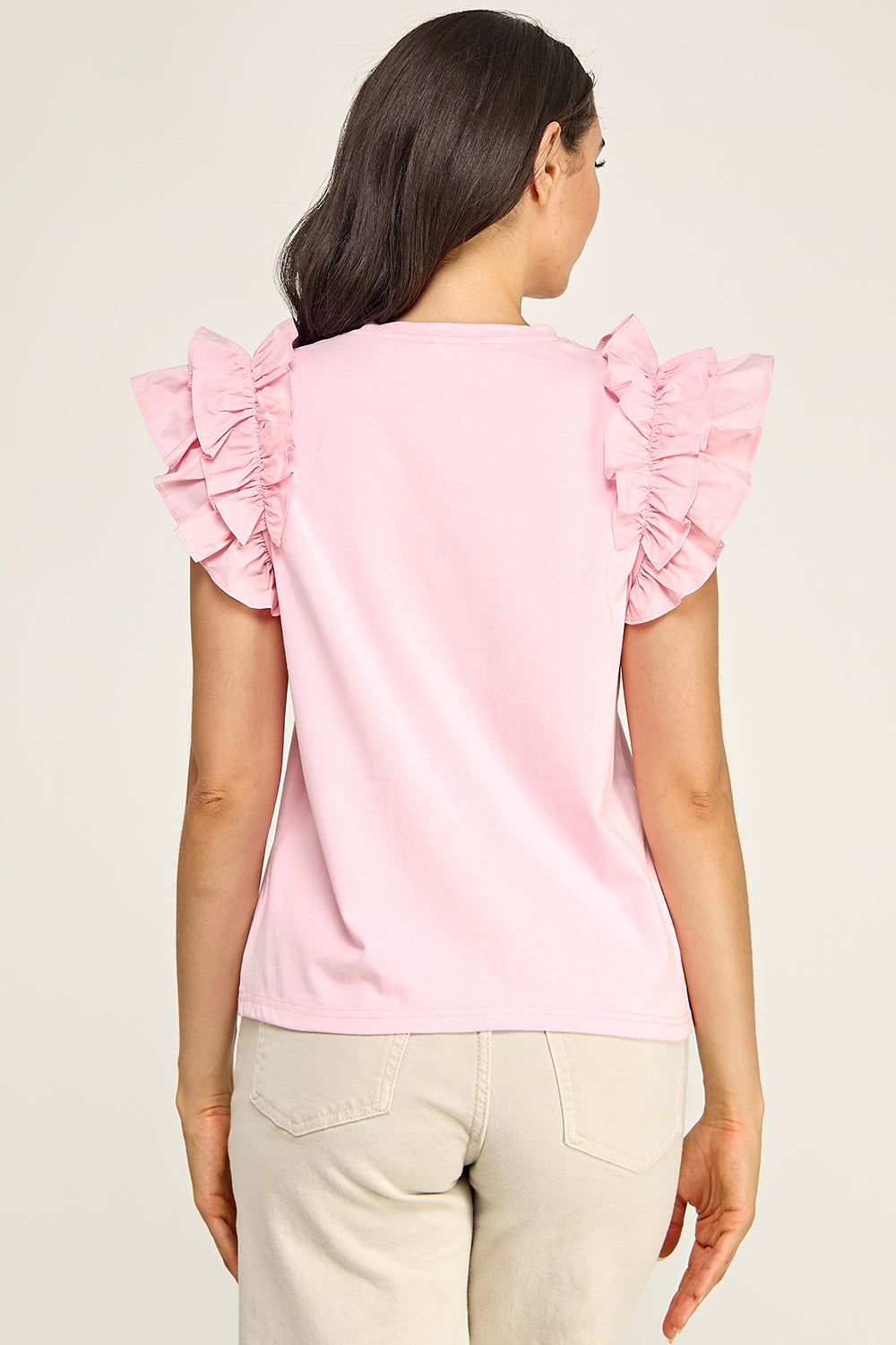 Ruffle Sleeve Cotton Top | Pleated Flutter Sleeve Round Neck