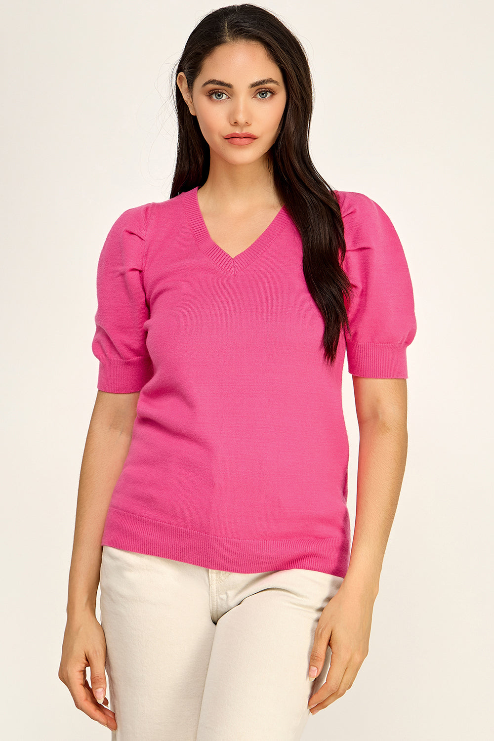 V Neck Puff Sleeve Knit Sweater Top | Lightweight Pullover Boutique