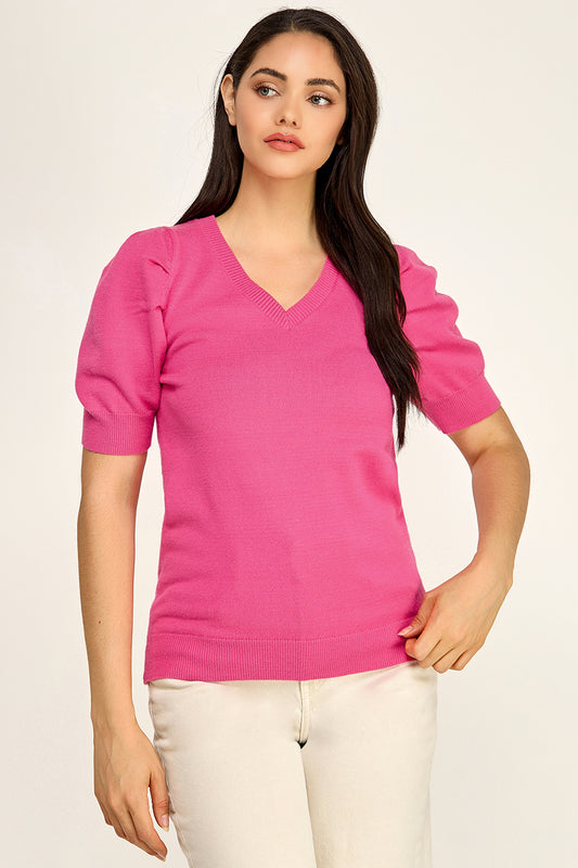 V Neck Puff Sleeve Knit Sweater Top | Lightweight Pullover Boutique
