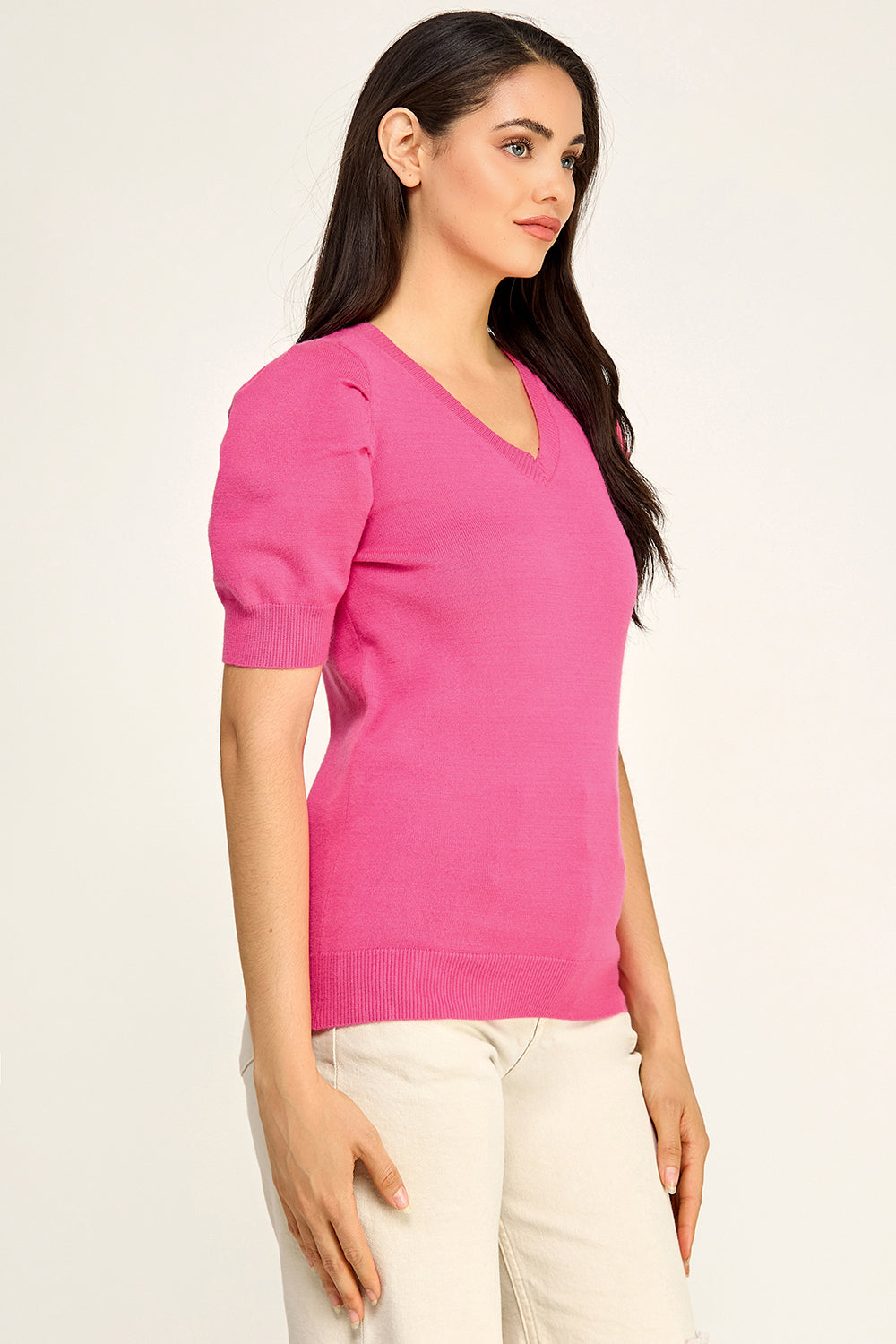 V Neck Puff Sleeve Knit Sweater Top | Lightweight Pullover Boutique