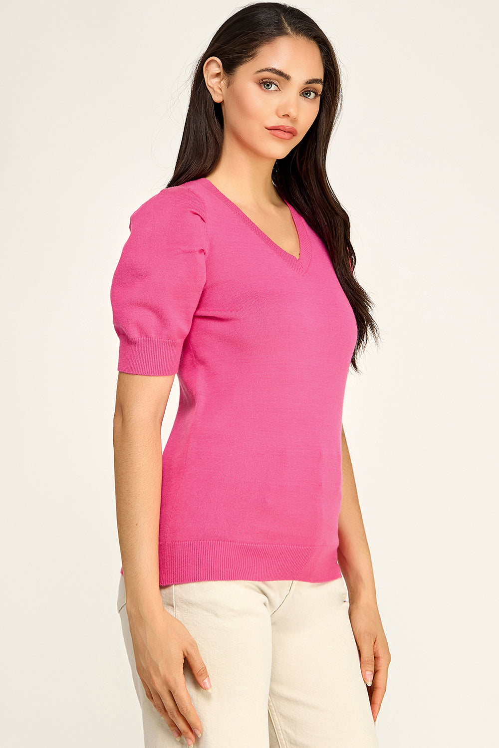 V Neck Puff Sleeve Knit Sweater Top | Lightweight Pullover Boutique