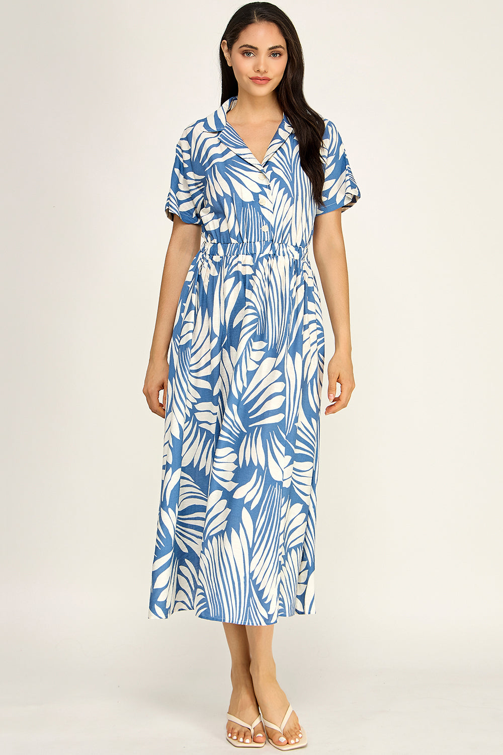 Blue White Palm Print Shirt Dress | Elastic Waist Flowing Midi Dress