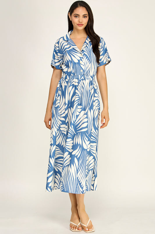 Blue White Palm Print Shirt Dress | Elastic Waist Flowing Midi Dress