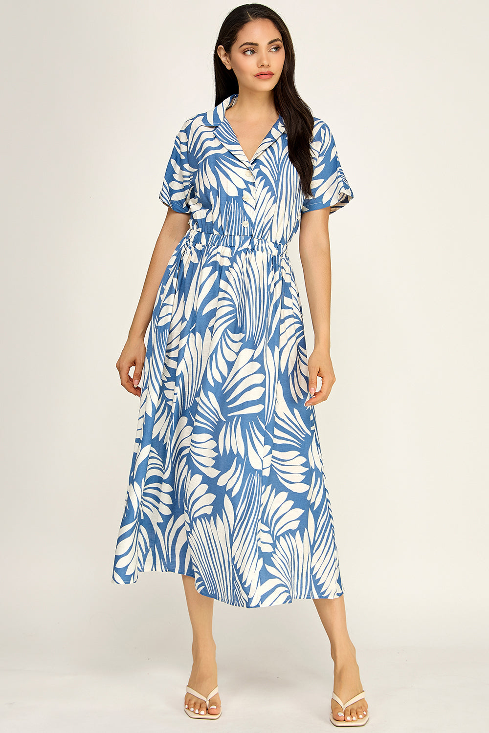 Blue White Palm Print Shirt Dress | Elastic Waist Flowing Midi Dress
