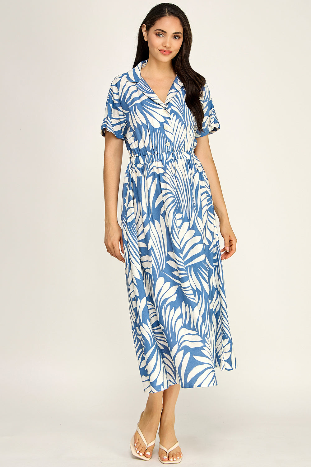 Blue White Palm Print Shirt Dress | Elastic Waist Flowing Midi Dress