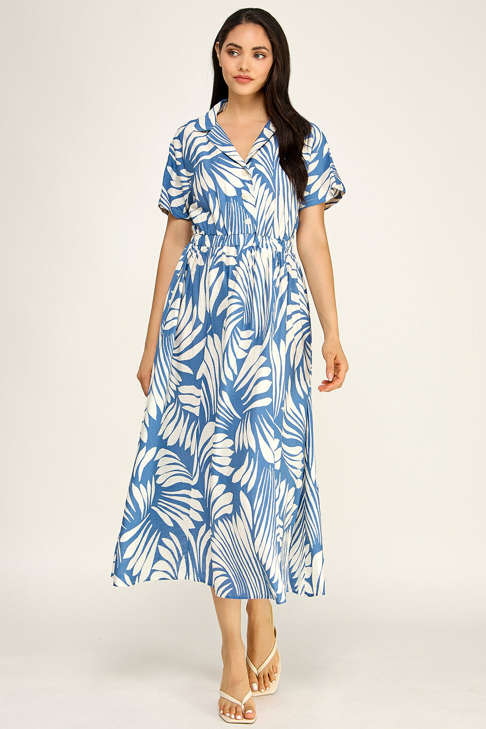Blue White Palm Print Shirt Dress | Elastic Waist Flowing Midi Dress