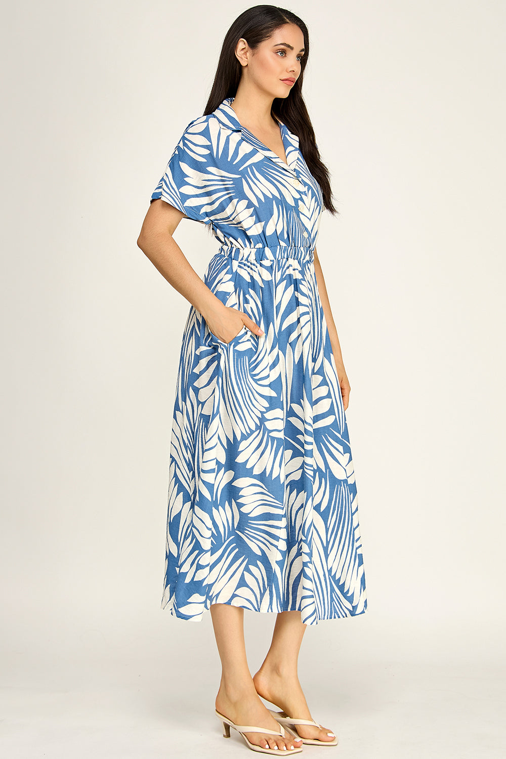 Blue White Palm Print Shirt Dress | Elastic Waist Flowing Midi Dress
