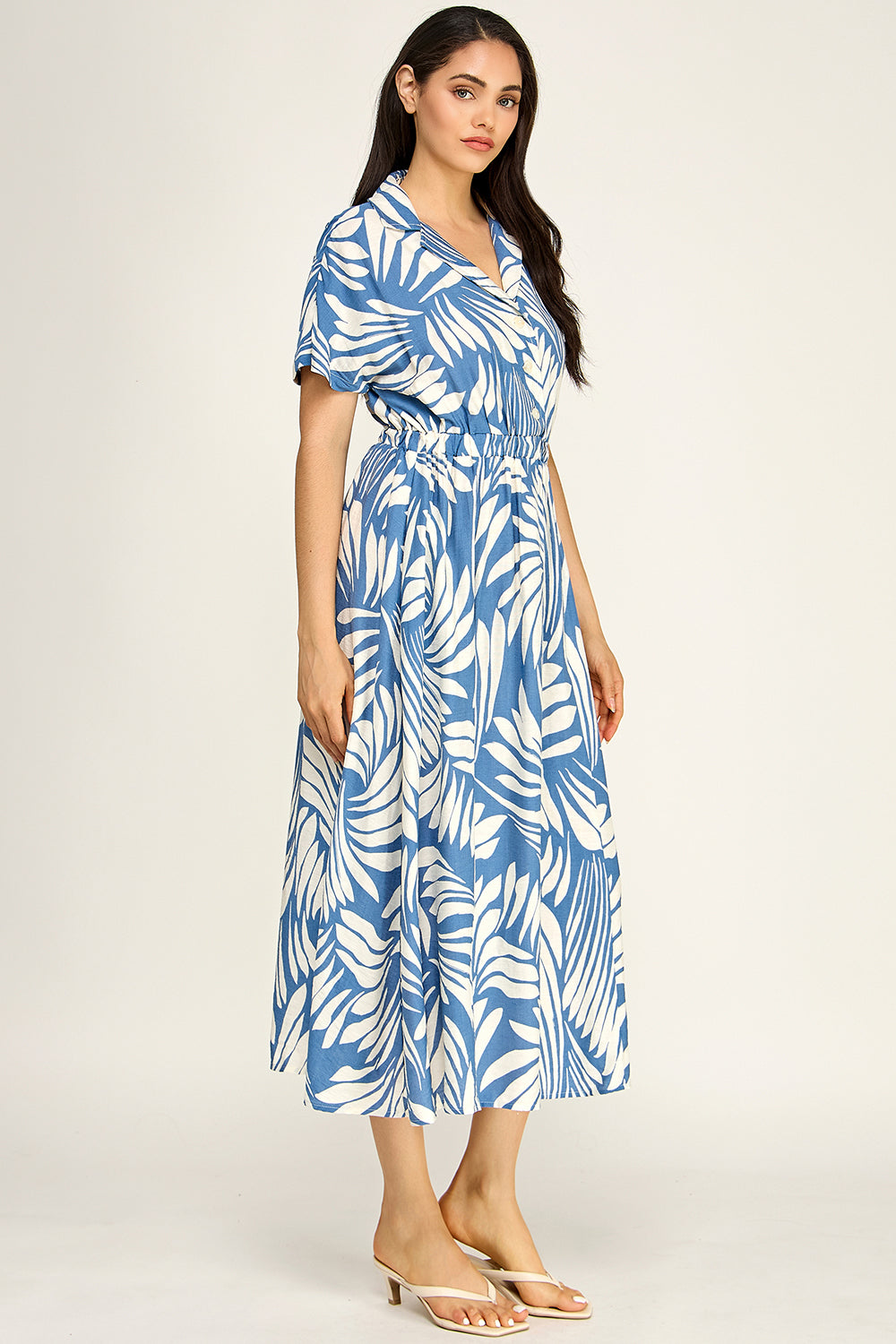 Blue White Palm Print Shirt Dress | Elastic Waist Flowing Midi Dress