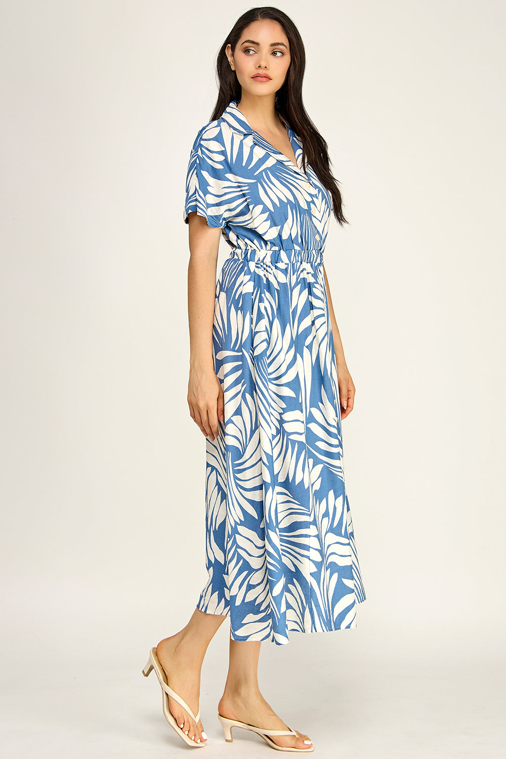 Blue White Palm Print Shirt Dress | Elastic Waist Flowing Midi Dress
