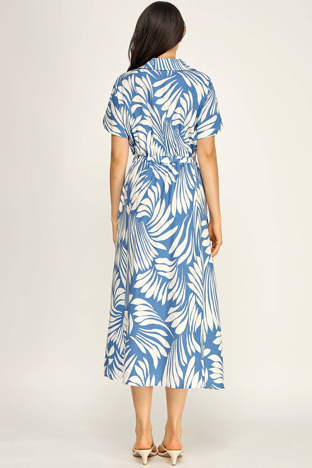 Blue White Palm Print Shirt Dress | Elastic Waist Flowing Midi Dress