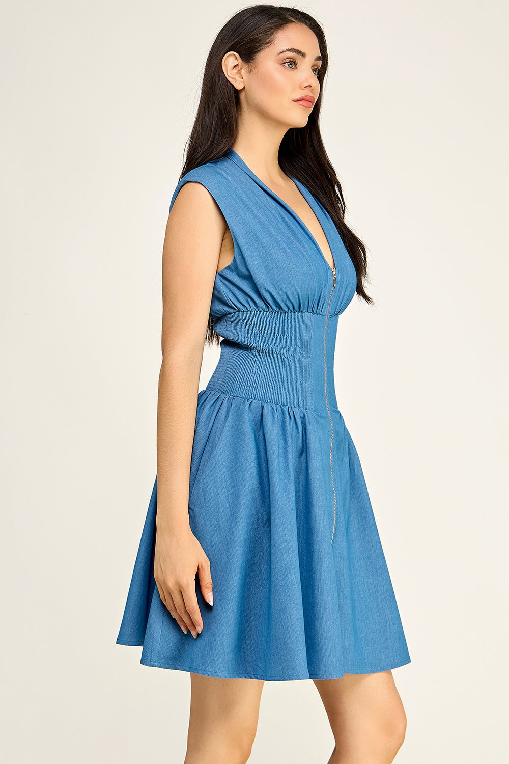 Zip Front Denim Mini Dress | Smocked Waist Deep V Neck Sleeveless