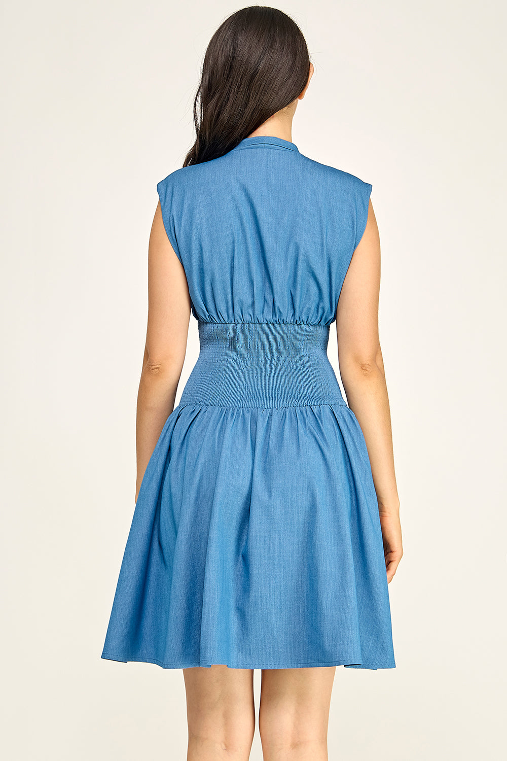 Zip Front Denim Mini Dress | Smocked Waist Deep V Neck Sleeveless