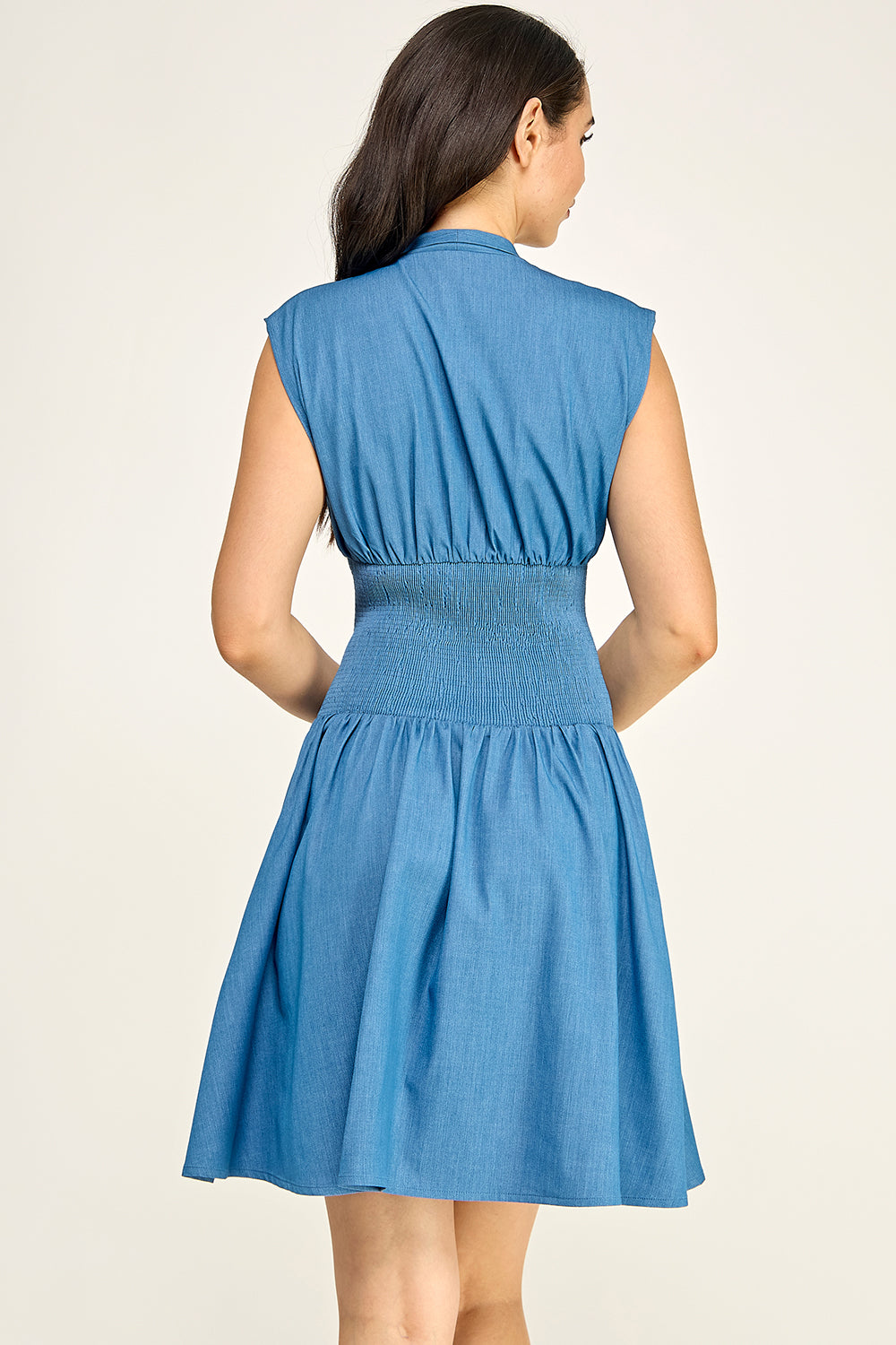 Zip Front Denim Mini Dress | Smocked Waist Deep V Neck Sleeveless