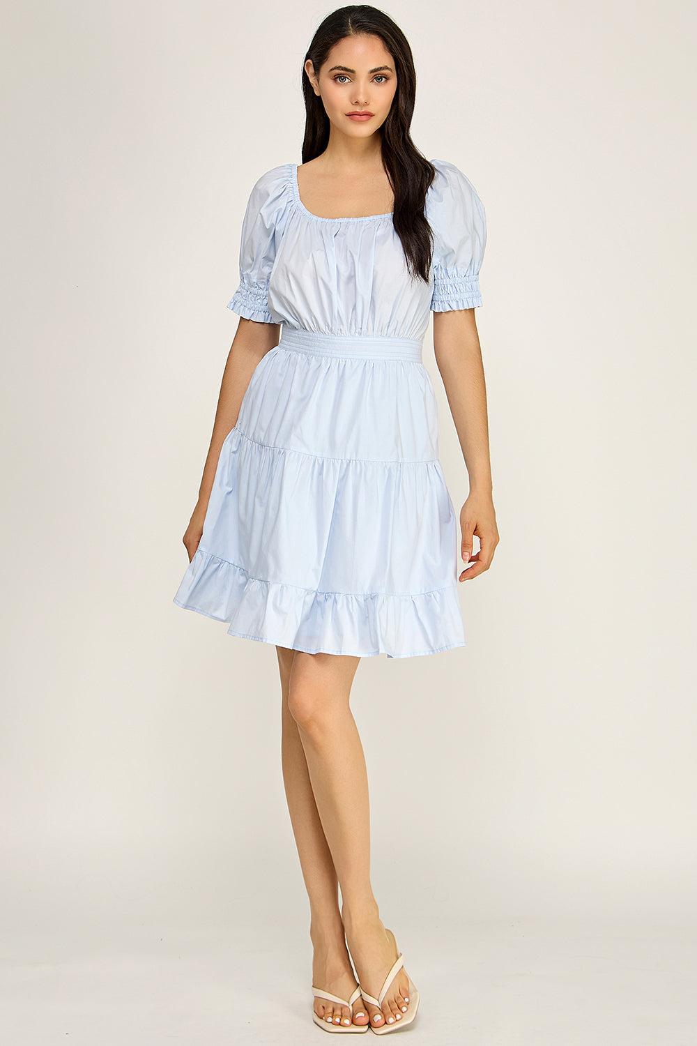 Puff Sleeve Square Neck Tiered Mini Dress – Summer Cotton Dress for Women