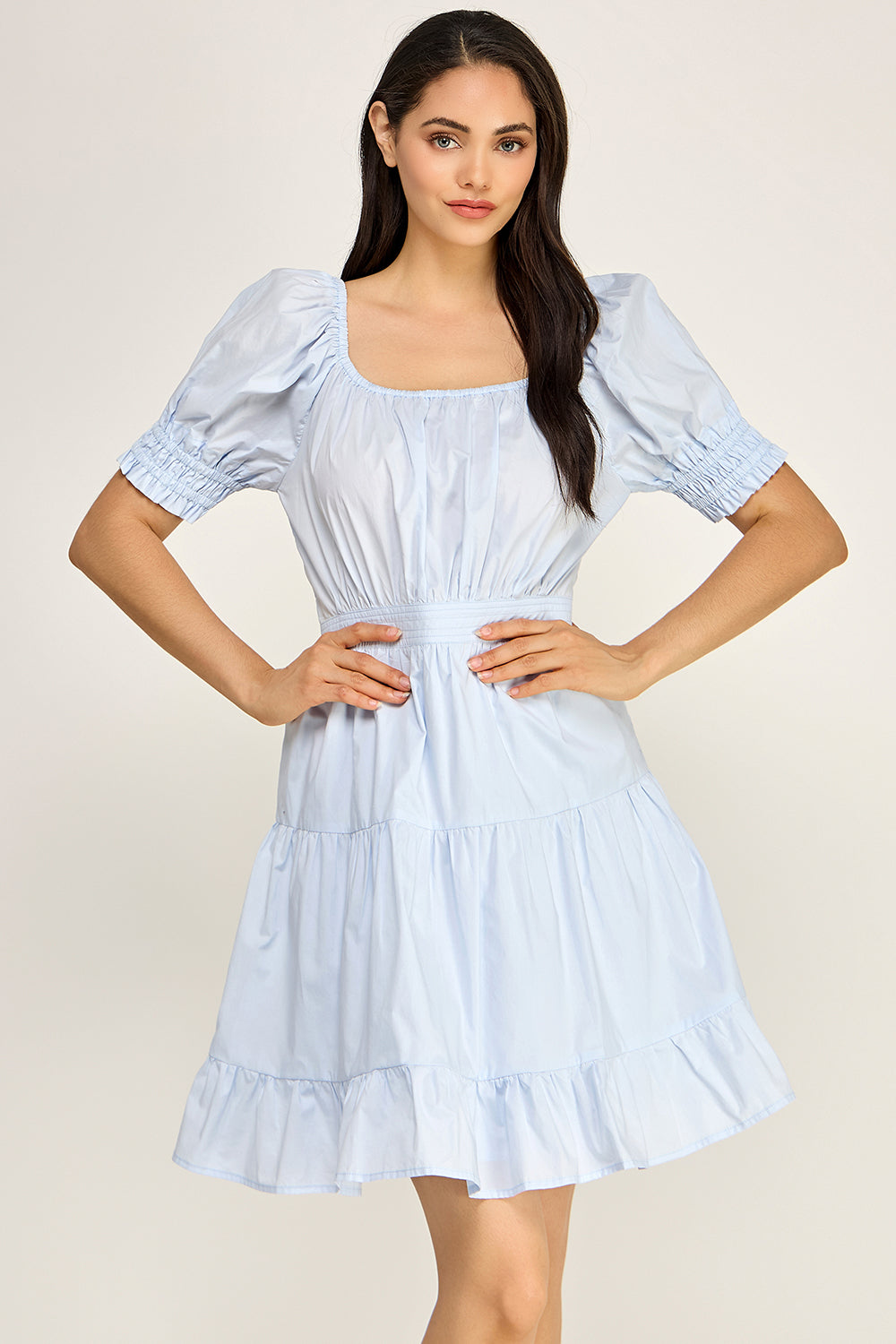 Puff Sleeve Square Neck Tiered Mini Dress – Summer Cotton Dress for Women