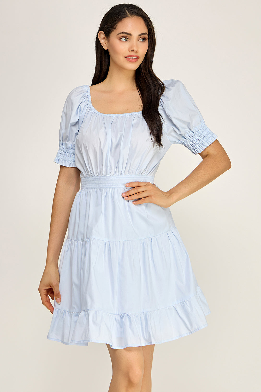 Puff Sleeve Square Neck Tiered Mini Dress – Summer Cotton Dress for Women