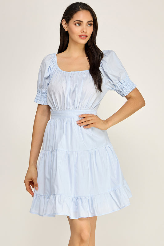 Puff Sleeve Square Neck Tiered Mini Dress – Summer Cotton Dress for Women