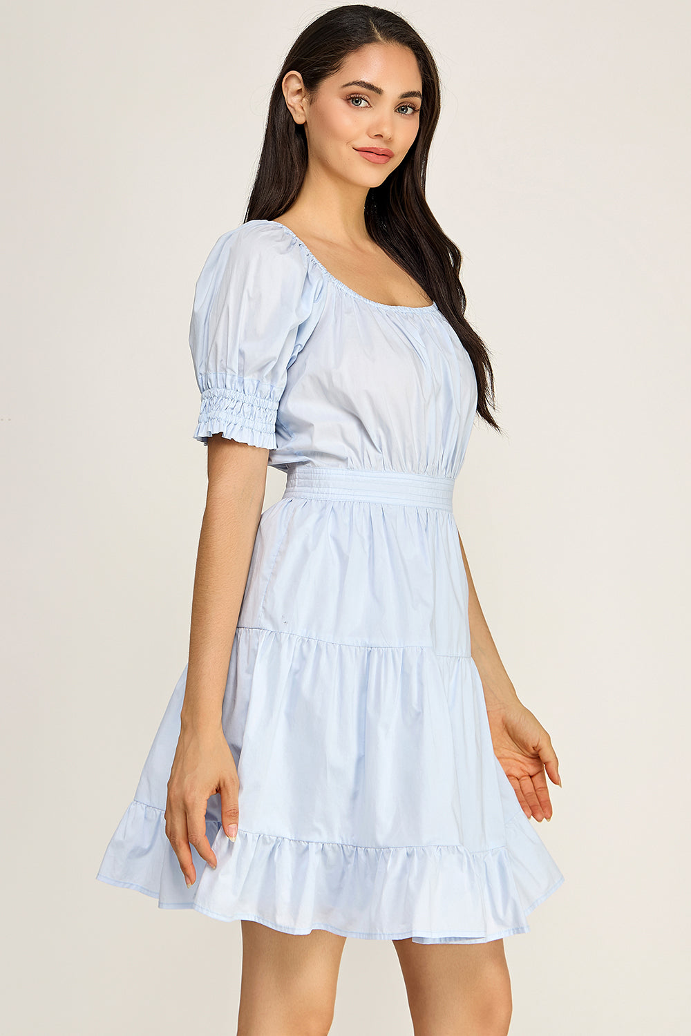 Puff Sleeve Square Neck Tiered Mini Dress – Summer Cotton Dress for Women