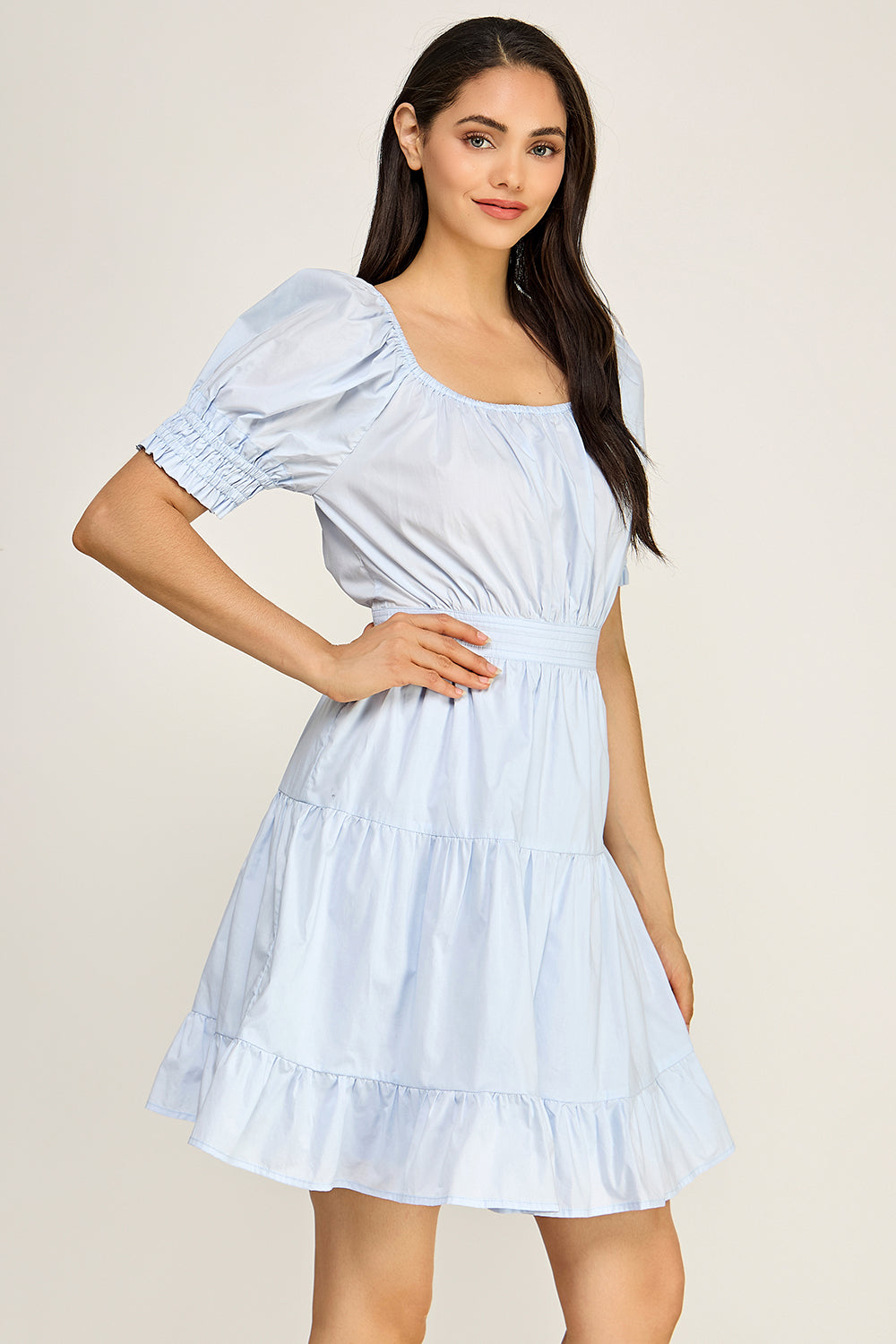 Puff Sleeve Square Neck Tiered Mini Dress – Summer Cotton Dress for Women