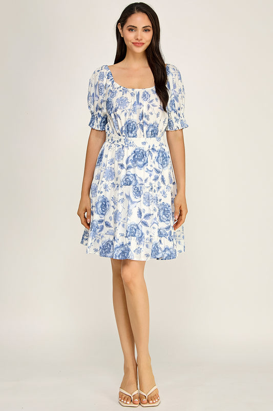 Blue Toile Floral Puff Sleeve Tiered Mini Dress | Women's Summer Boutique Dress