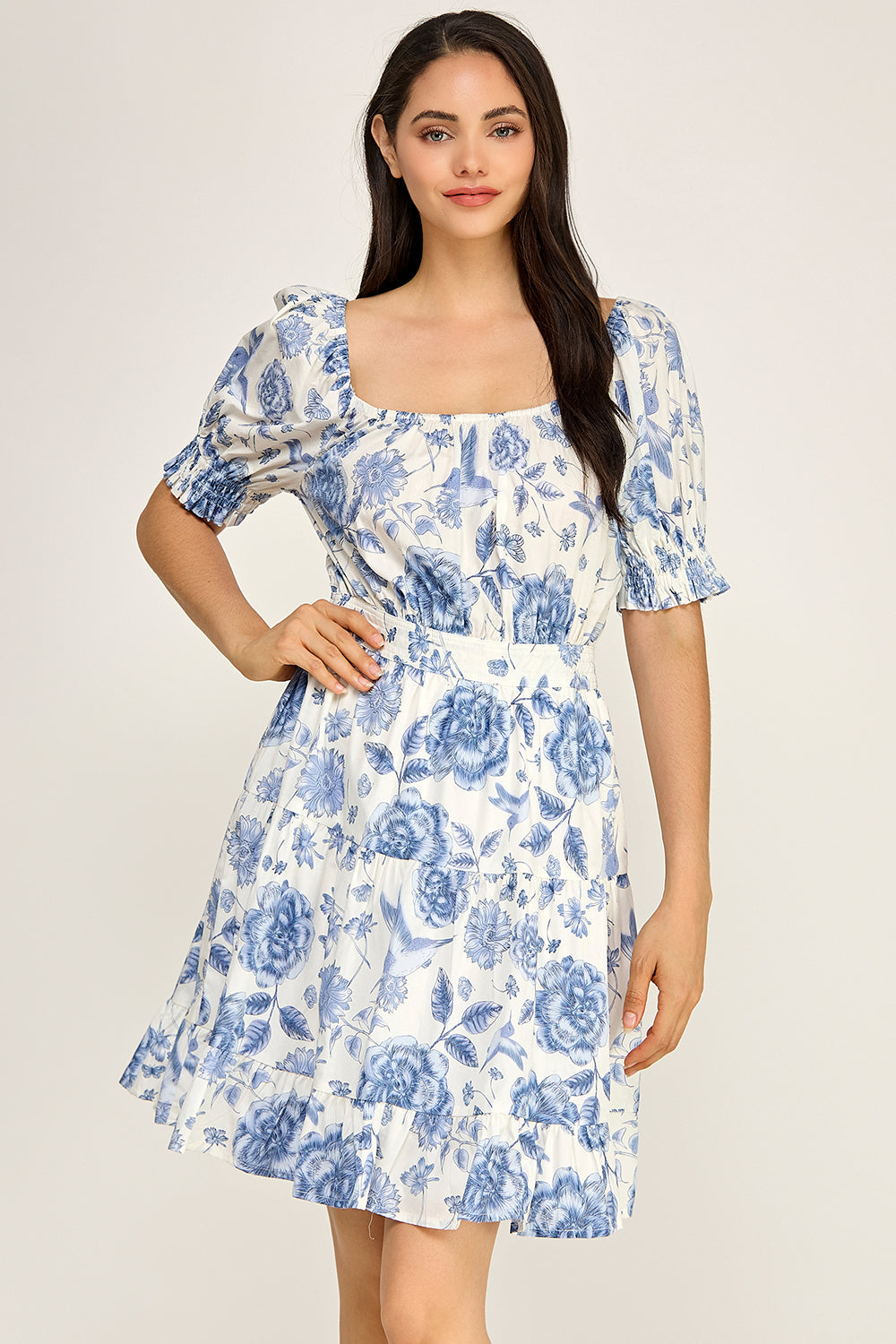 Blue Toile Floral Puff Sleeve Tiered Mini Dress | Women's Summer Boutique Dress