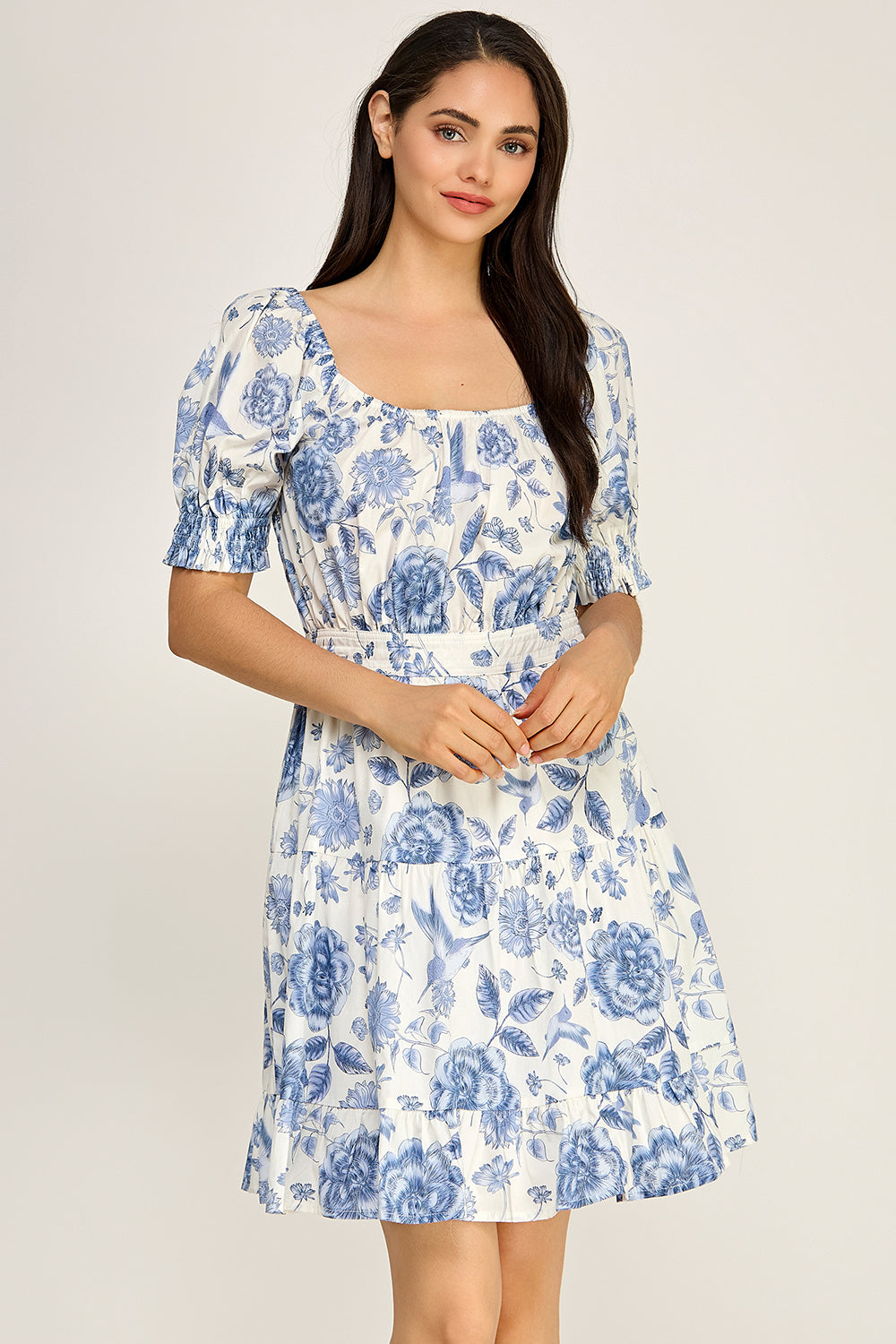Blue Toile Floral Puff Sleeve Tiered Mini Dress | Women's Summer Boutique Dress
