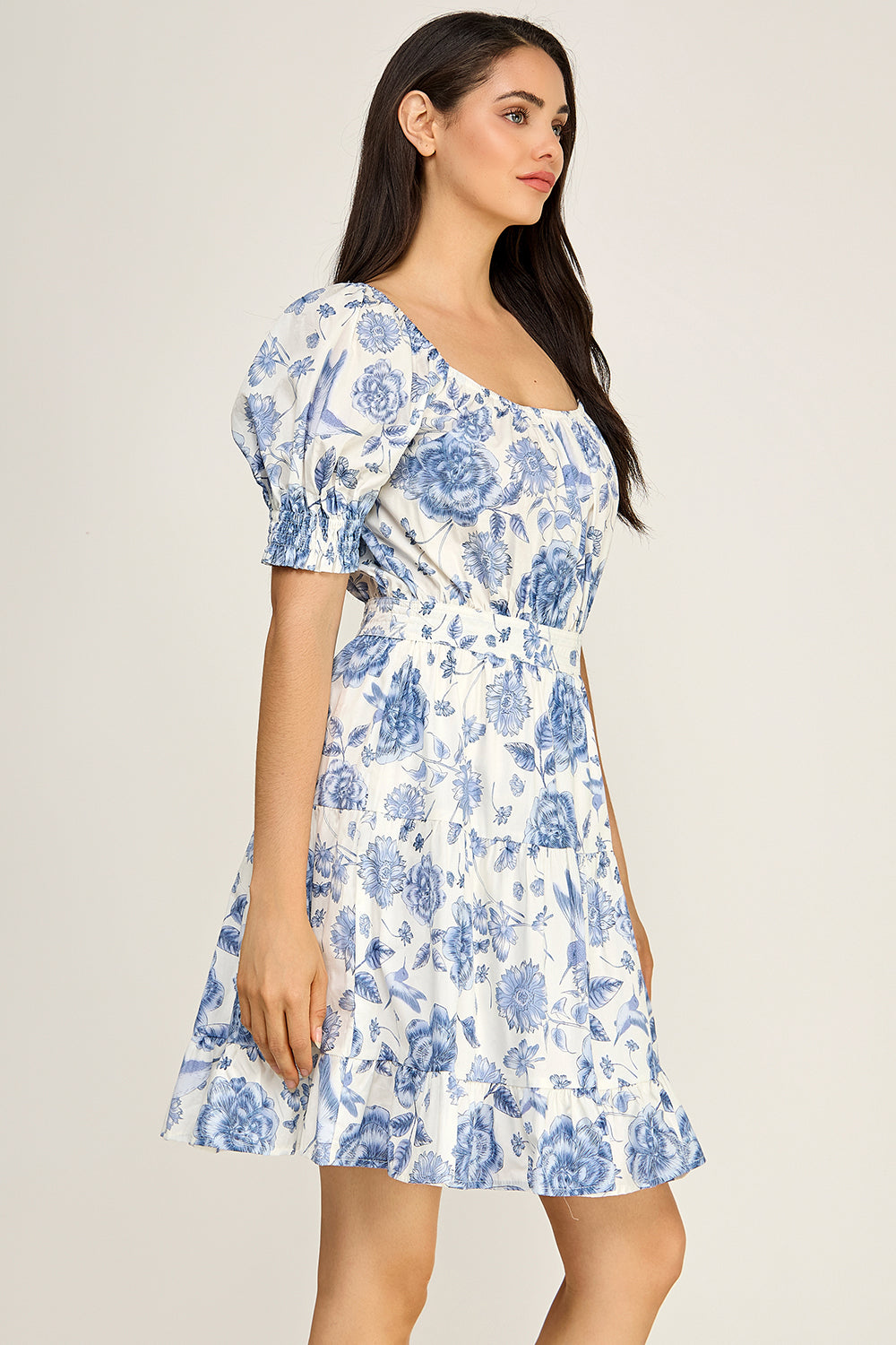 Blue Toile Floral Puff Sleeve Tiered Mini Dress | Women's Summer Boutique Dress