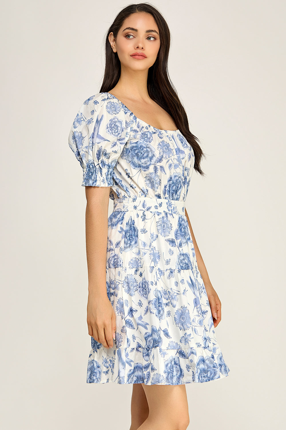 Blue Toile Floral Puff Sleeve Tiered Mini Dress | Women's Summer Boutique Dress