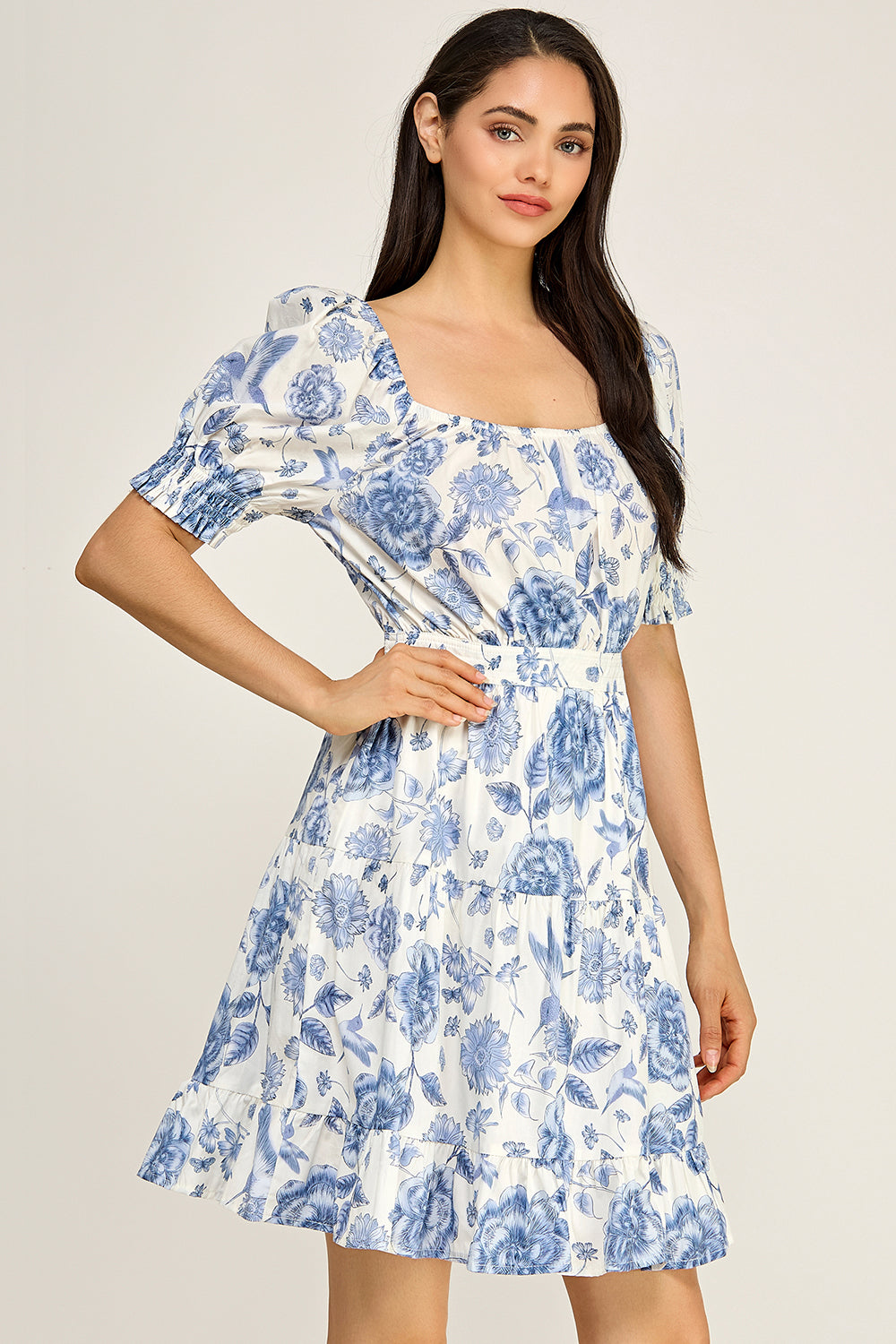 Blue Toile Floral Puff Sleeve Tiered Mini Dress | Women's Summer Boutique Dress