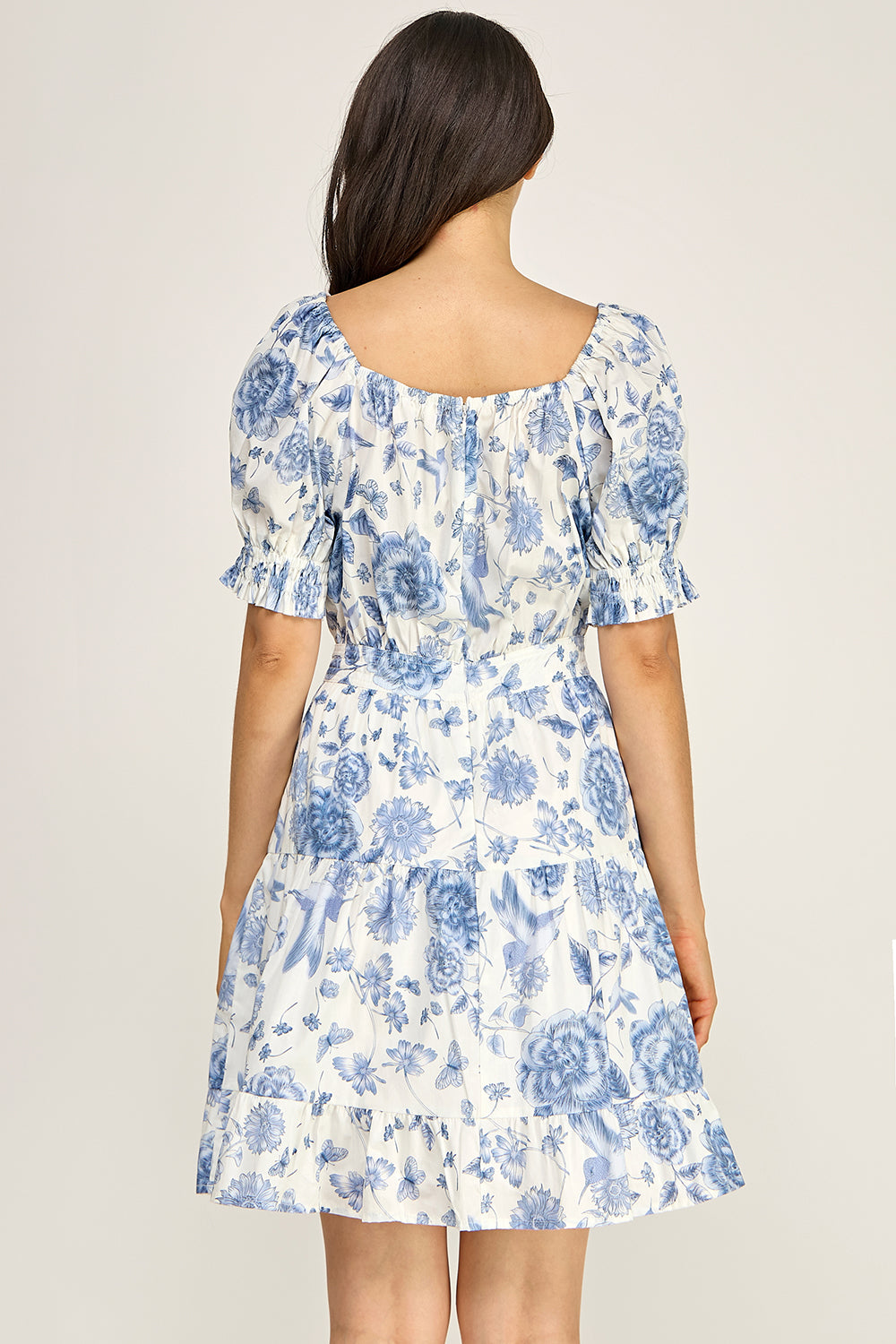 Blue Toile Floral Puff Sleeve Tiered Mini Dress | Women's Summer Boutique Dress