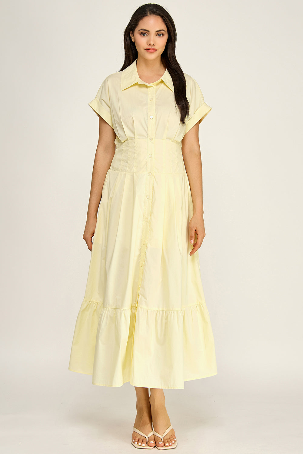 Smocked Waist Button Down Tiered Maxi Dress | Collared Short Sleeve