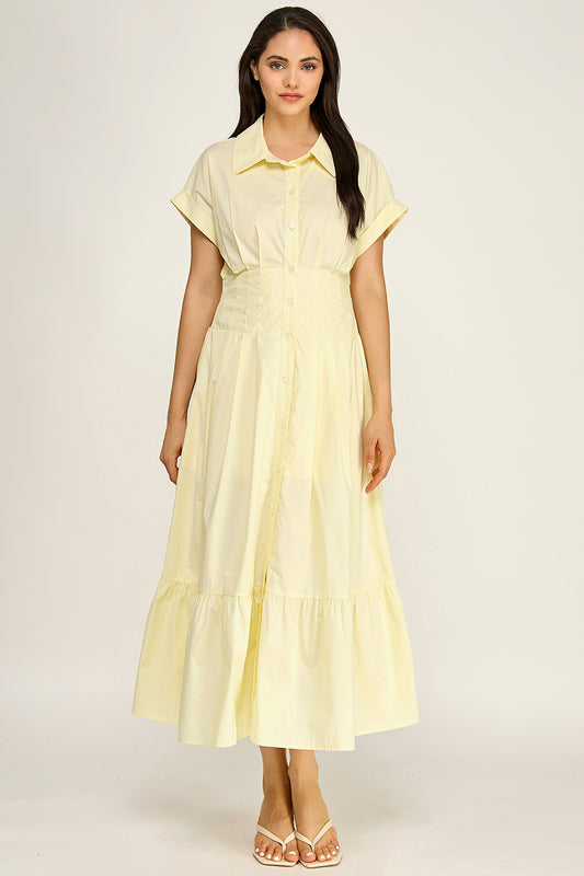 Smocked Waist Button Down Tiered Maxi Dress | Collared Short Sleeve