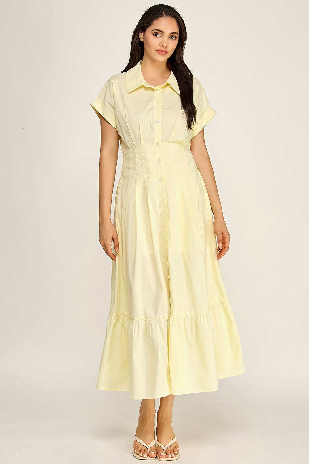 Smocked Waist Button Down Tiered Maxi Dress | Collared Short Sleeve