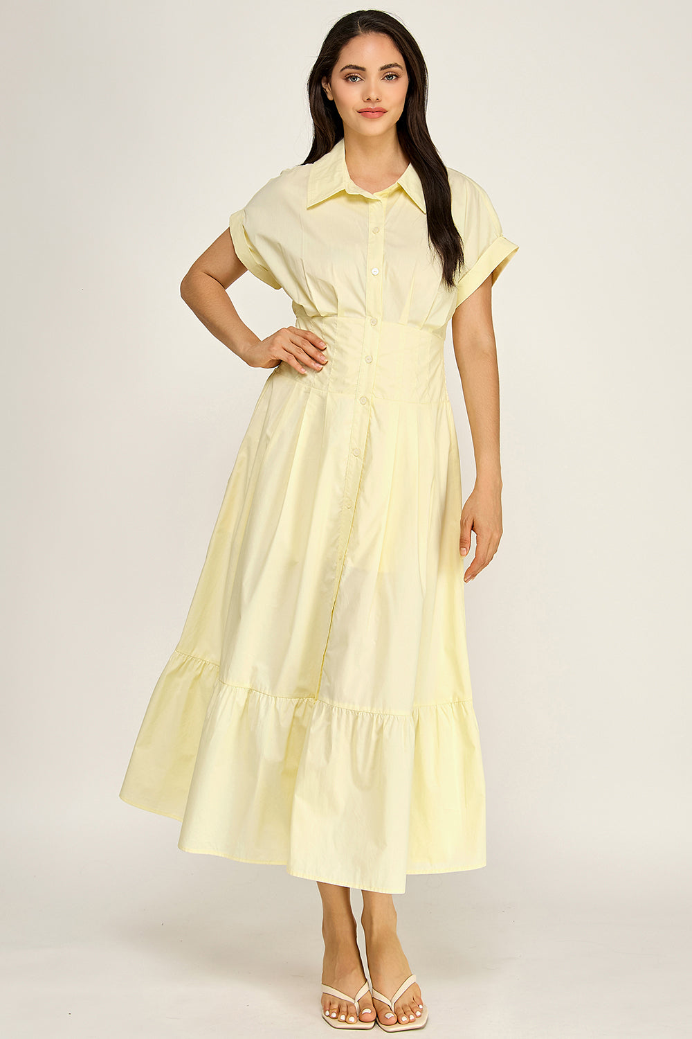 Smocked Waist Button Down Tiered Maxi Dress | Collared Short Sleeve