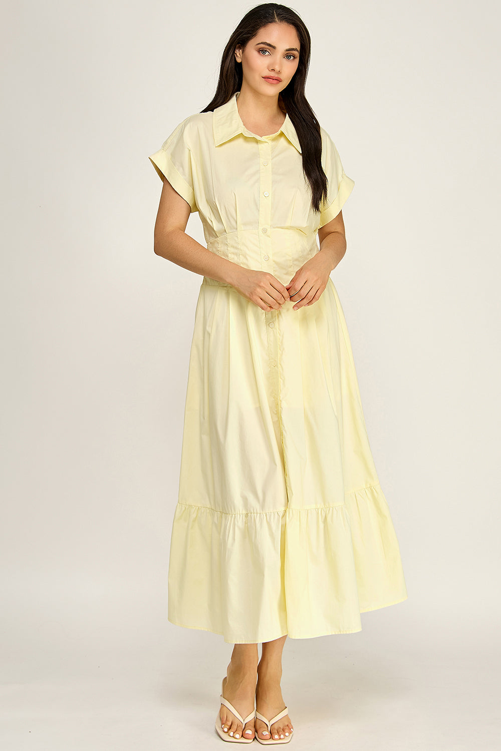 Smocked Waist Button Down Tiered Maxi Dress | Collared Short Sleeve