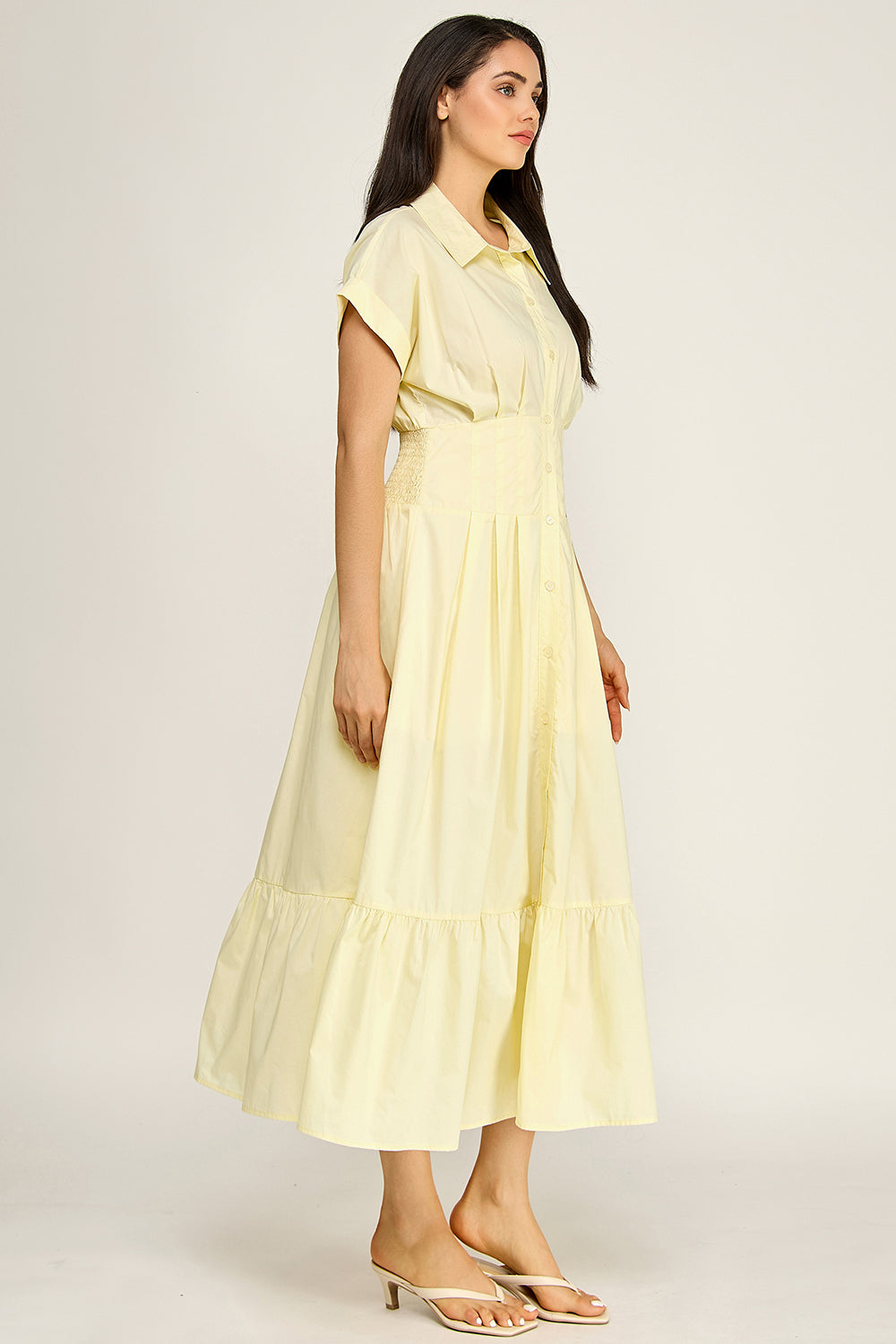Smocked Waist Button Down Tiered Maxi Dress | Collared Short Sleeve