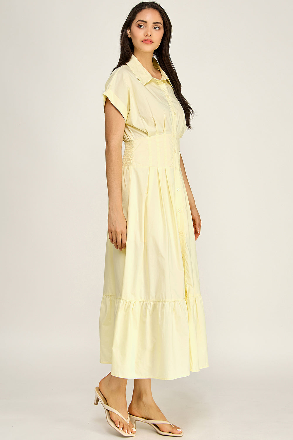Smocked Waist Button Down Tiered Maxi Dress | Collared Short Sleeve