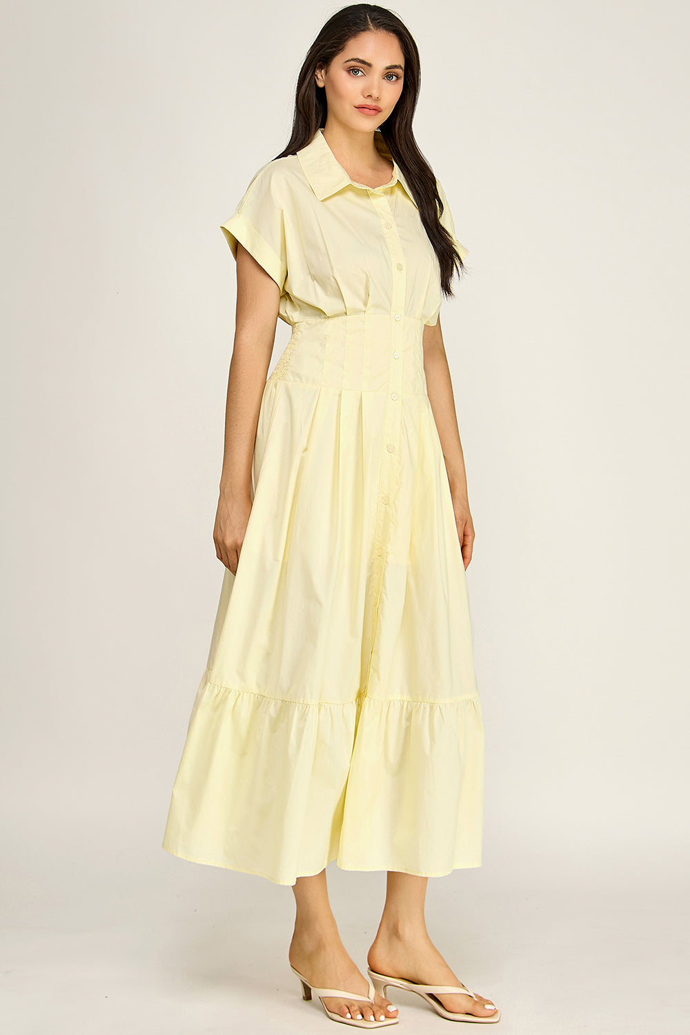Smocked Waist Button Down Tiered Maxi Dress | Collared Short Sleeve