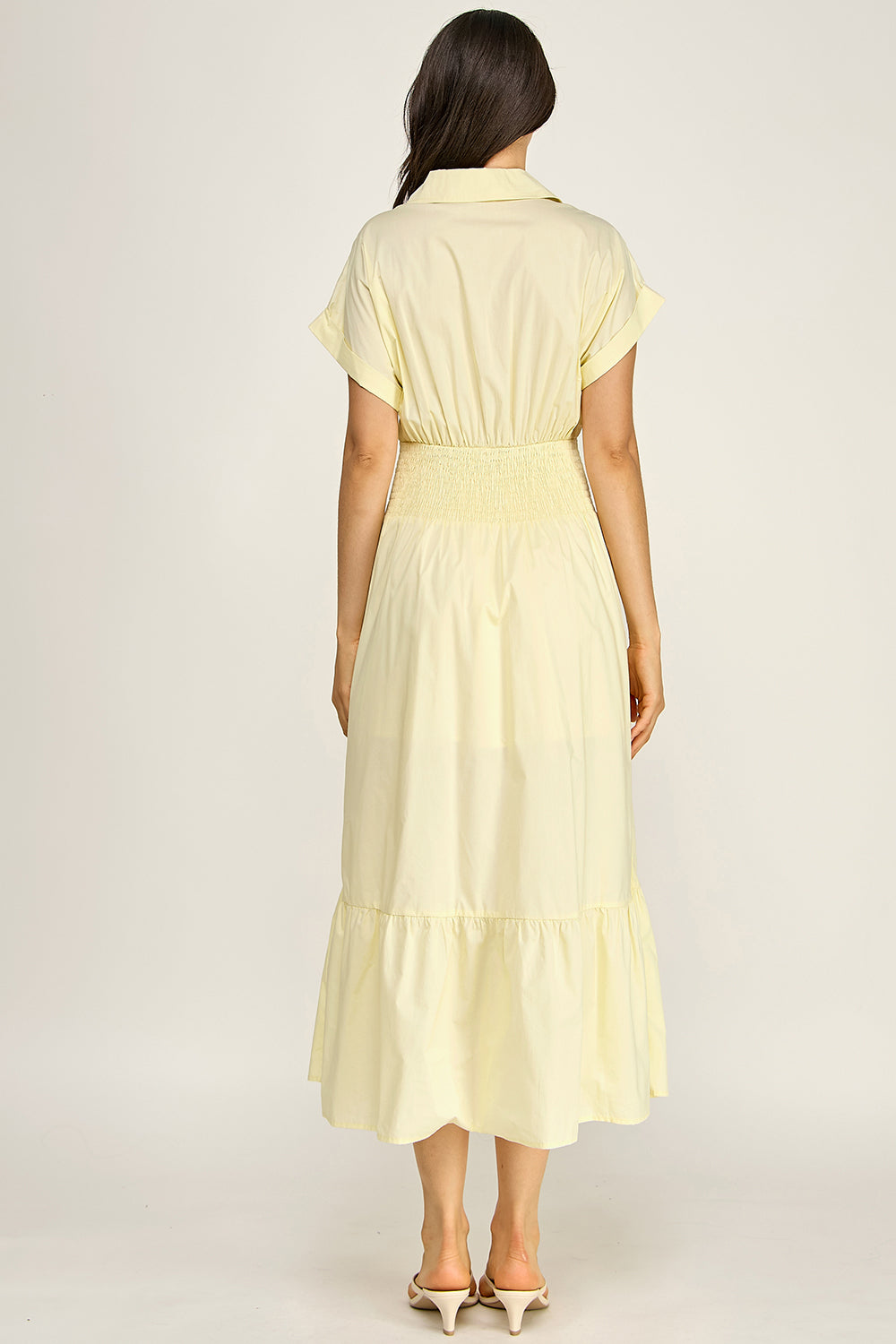 Smocked Waist Button Down Tiered Maxi Dress | Collared Short Sleeve