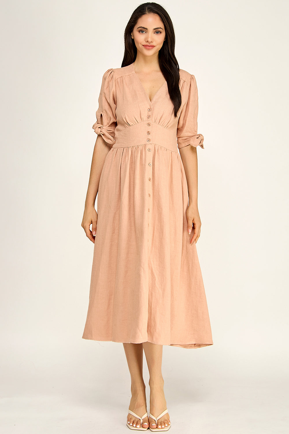 Linen Puff Sleeve Maxi Dress | Button Front V-Neck Tie Cuff