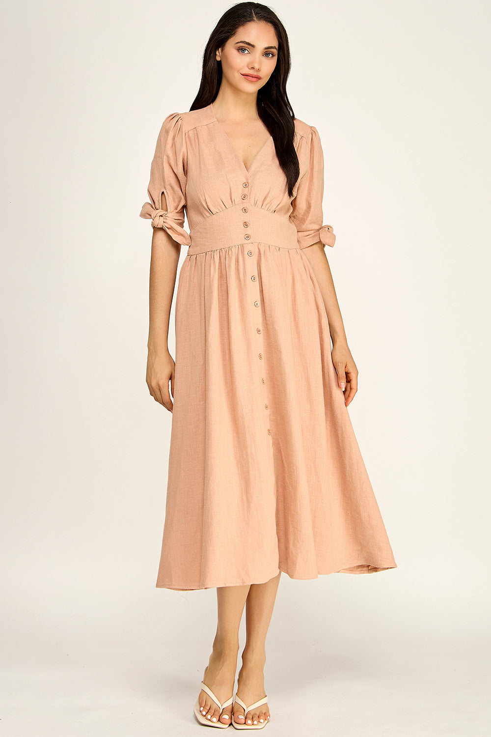 Linen Puff Sleeve Maxi Dress | Button Front V-Neck Tie Cuff