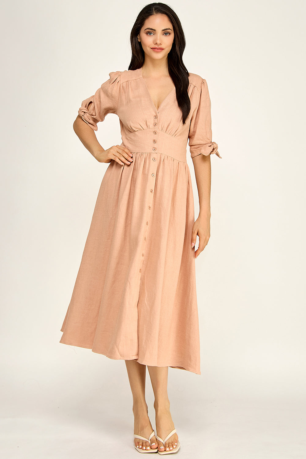 Linen Puff Sleeve Maxi Dress | Button Front V-Neck Tie Cuff
