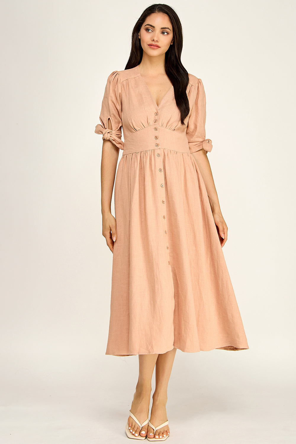 Linen Puff Sleeve Maxi Dress | Button Front V-Neck Tie Cuff