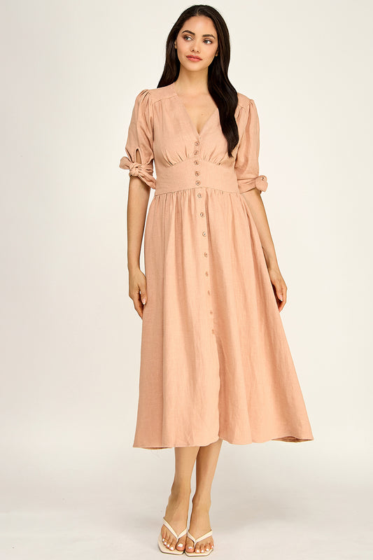 Linen Puff Sleeve Maxi Dress | Button Front V-Neck Tie Cuff