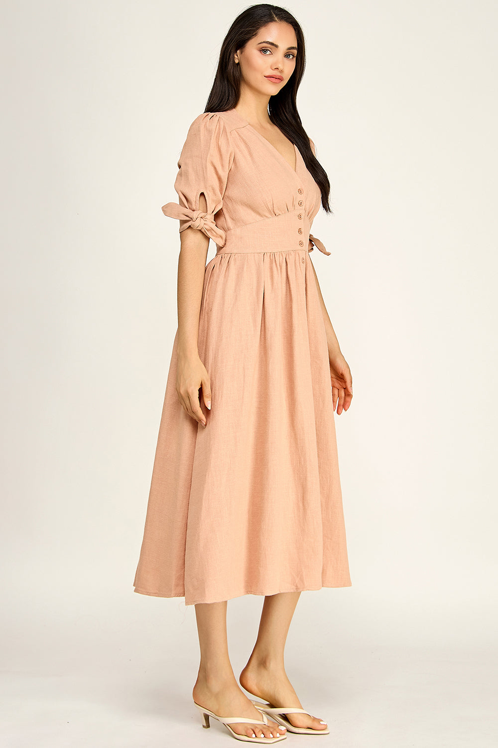Linen Puff Sleeve Maxi Dress | Button Front V-Neck Tie Cuff